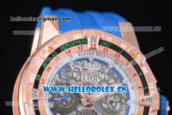 Richard Mille RM60-01 Asia Automatic Rose Gold Case with Skeleton Dial Blue Rubber Strap and Stick/Arabic Numeral Markers - Click Image to Close